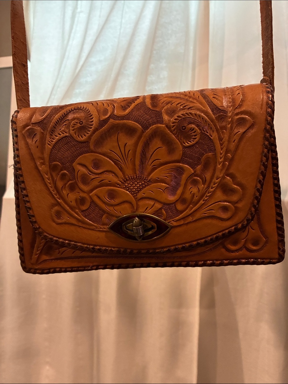 Tooled Leather Crossbody Bag in Tan